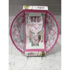 3 pc FLAMINGO PALMS Melamine Salad Bowl + Serving Utensils Set Palm Tree NEW